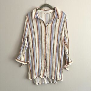 Soft Surroundings Senna Gauze Tunic Shirt Womens Large Button Up Collar Striped